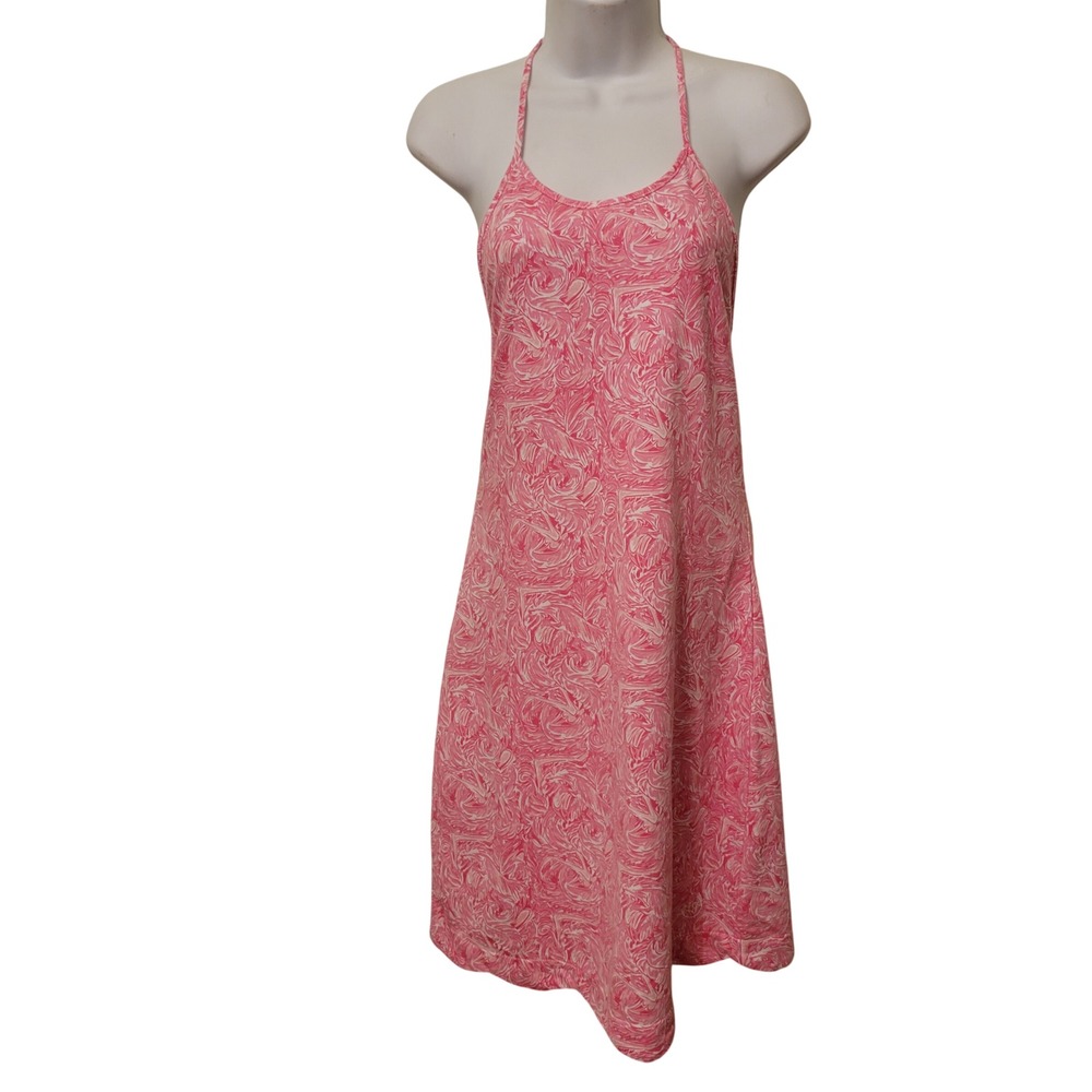 Lauren James M Halter Dress Pink Flamingo Scalloped Hem Preppy Beach Summer